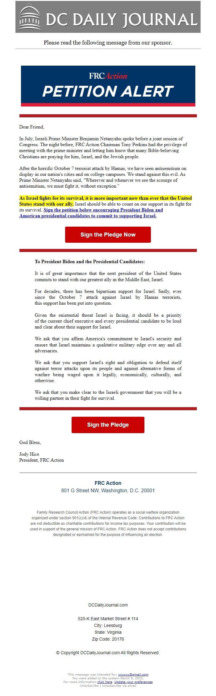 Screenshot of the email generated on import