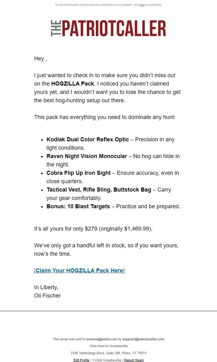 Screenshot of the email generated on import