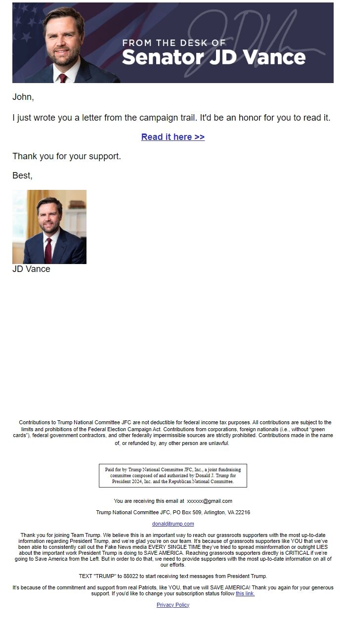 Screenshot of the email generated on import
