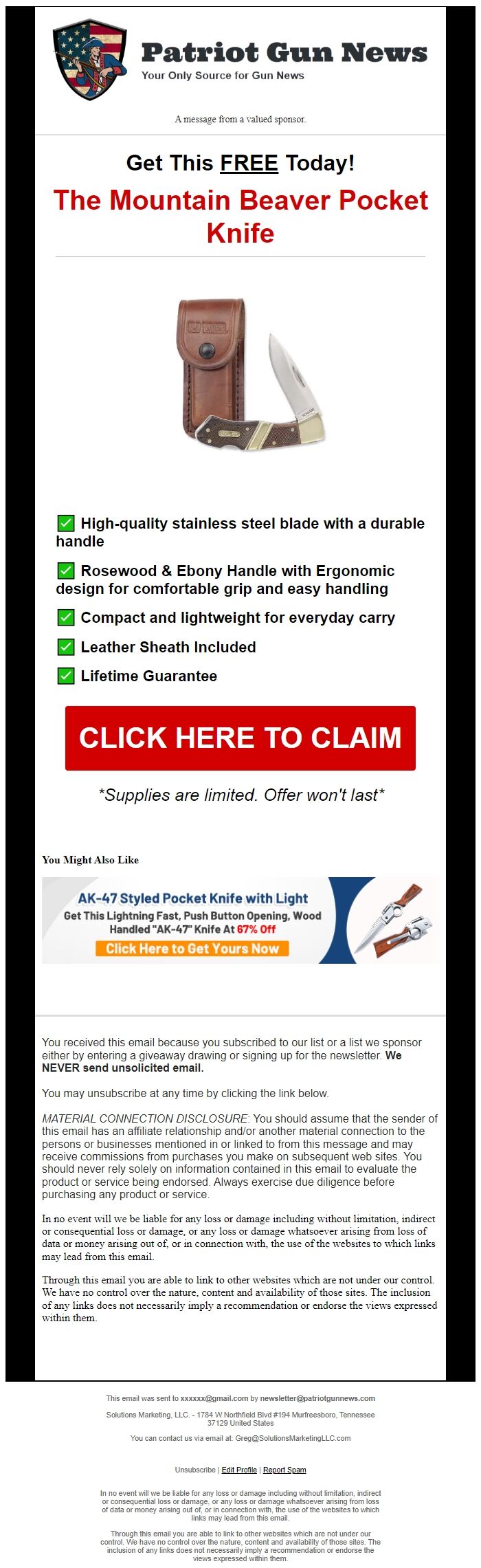 Screenshot of the email generated on import
