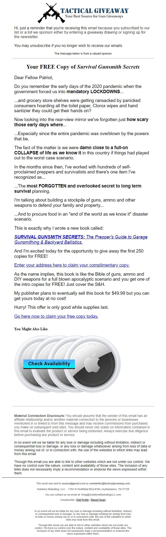 Screenshot of the email generated on import