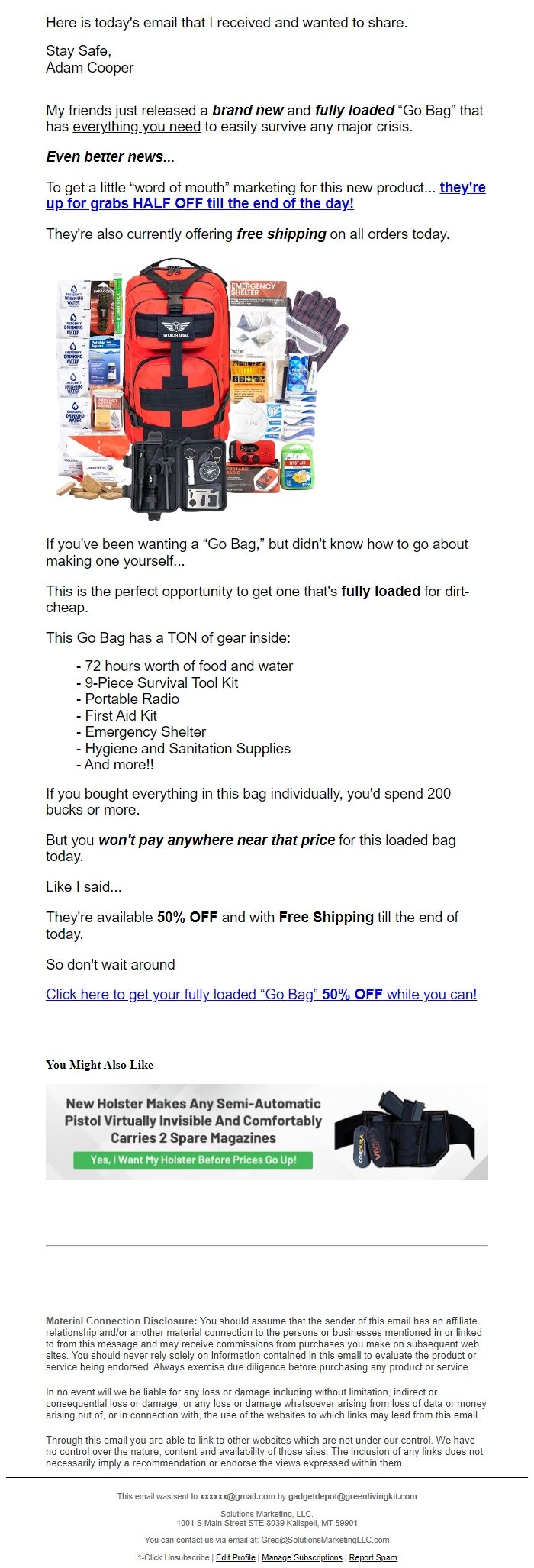 Screenshot of the email generated on import