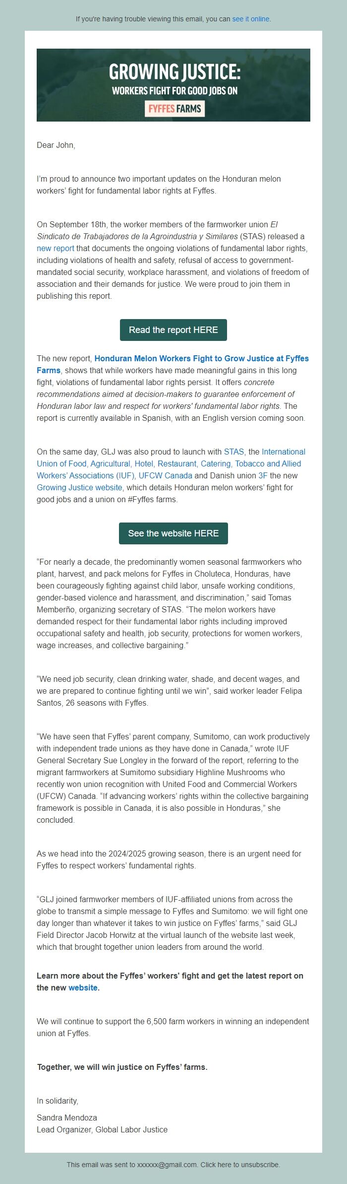Screenshot of the email generated on import