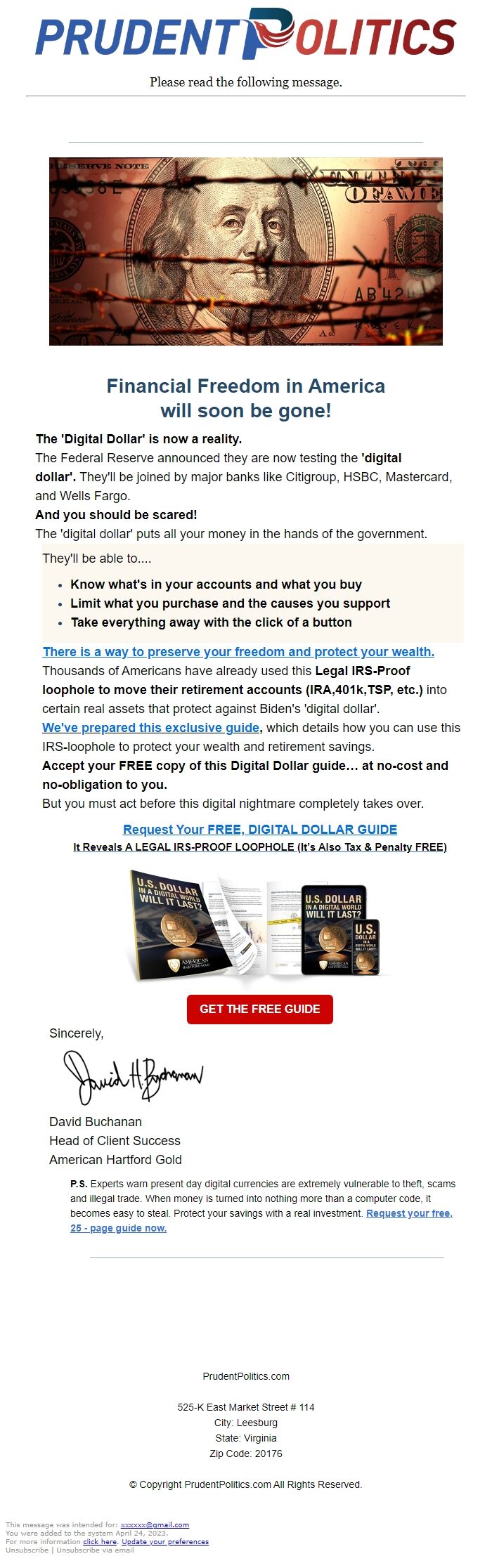 Screenshot of the email generated on import