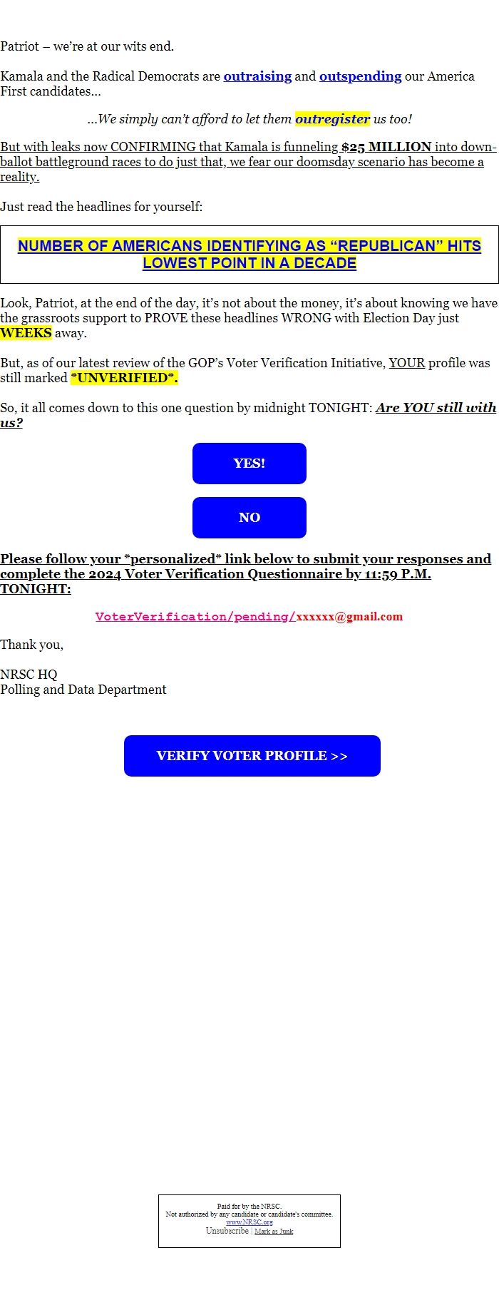 Screenshot of the email generated on import