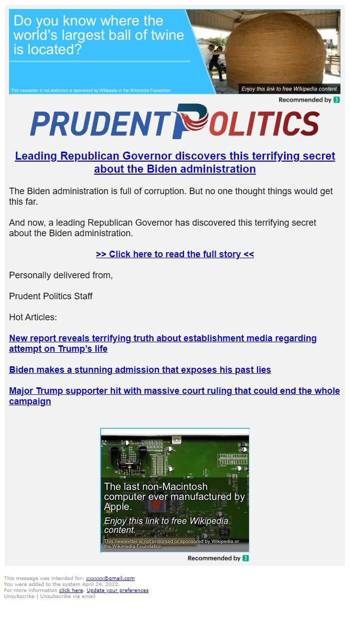 Screenshot of the email generated on import
