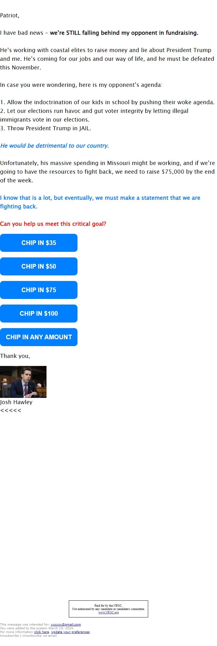 Screenshot of the email generated on import
