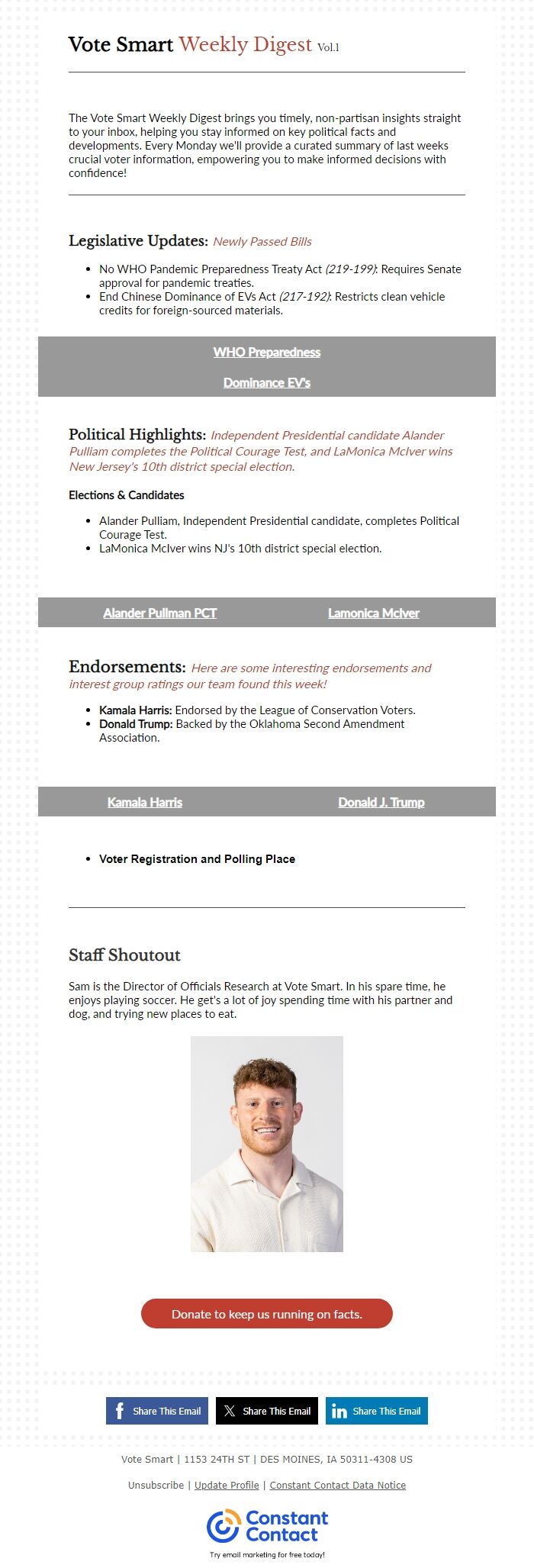 Screenshot of the email generated on import