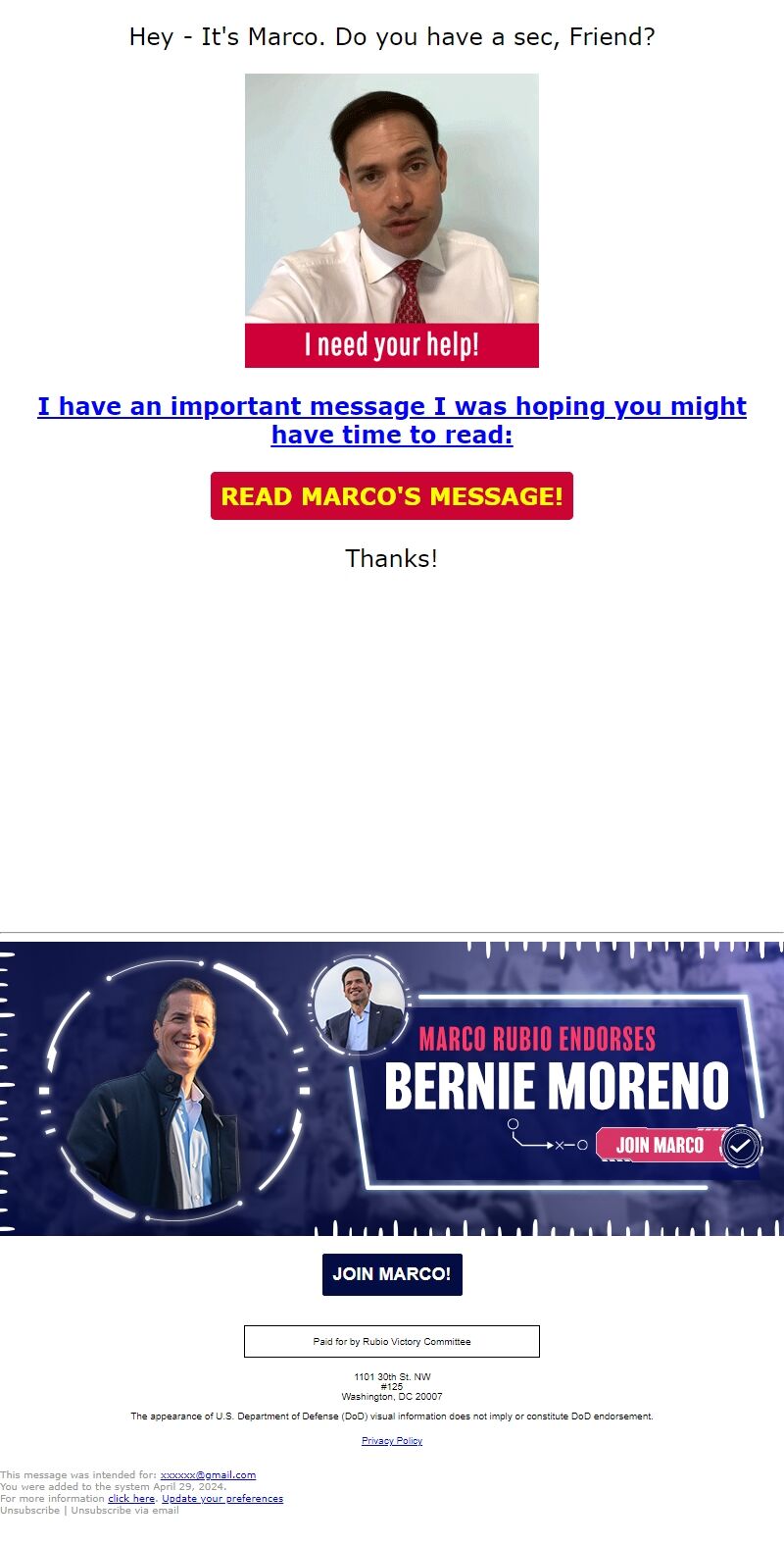 Screenshot of the email generated on import