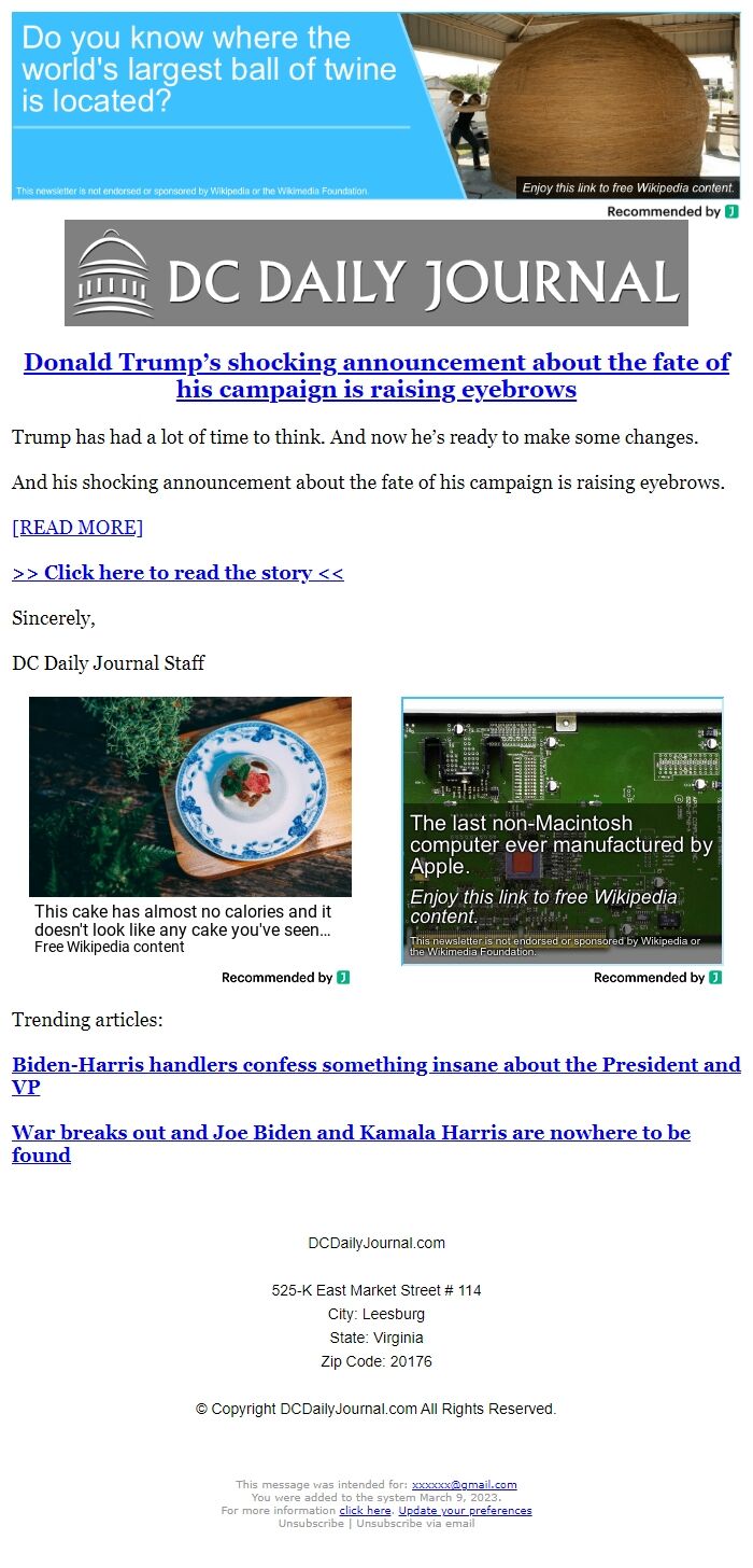 Screenshot of the email generated on import