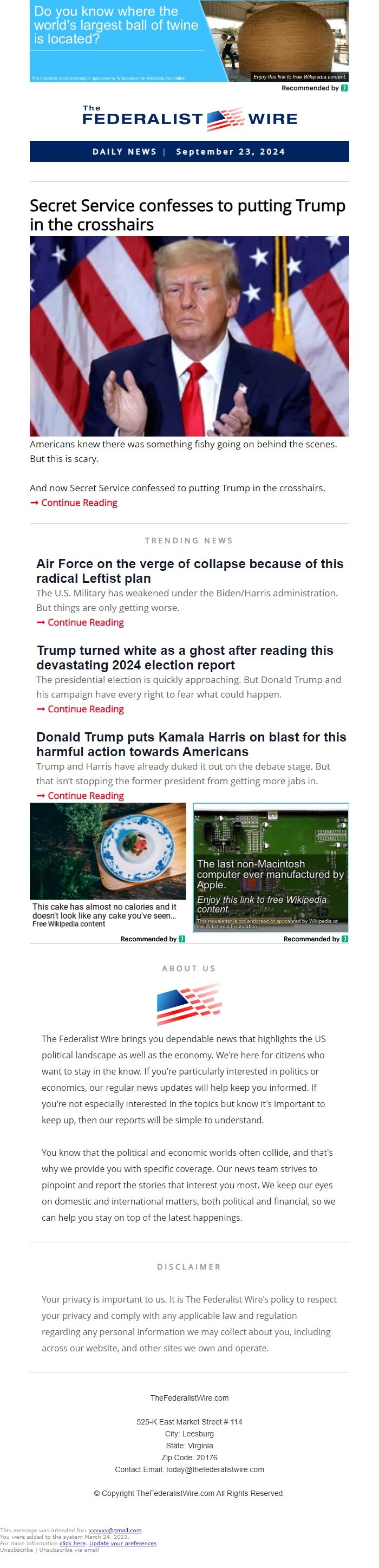 Screenshot of the email generated on import