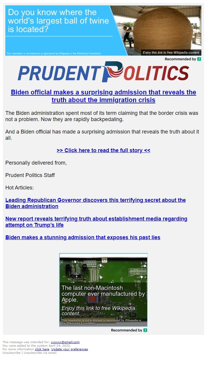 Screenshot of the email generated on import