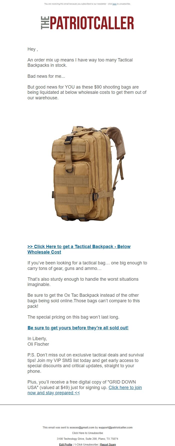 Screenshot of the email generated on import