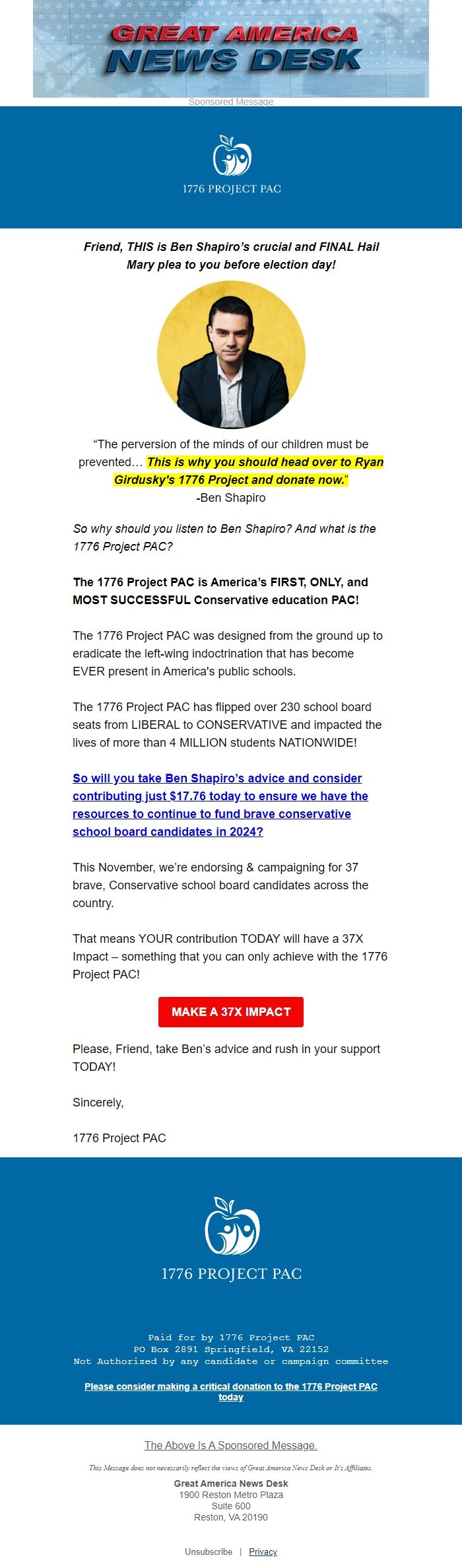 Screenshot of the email generated on import