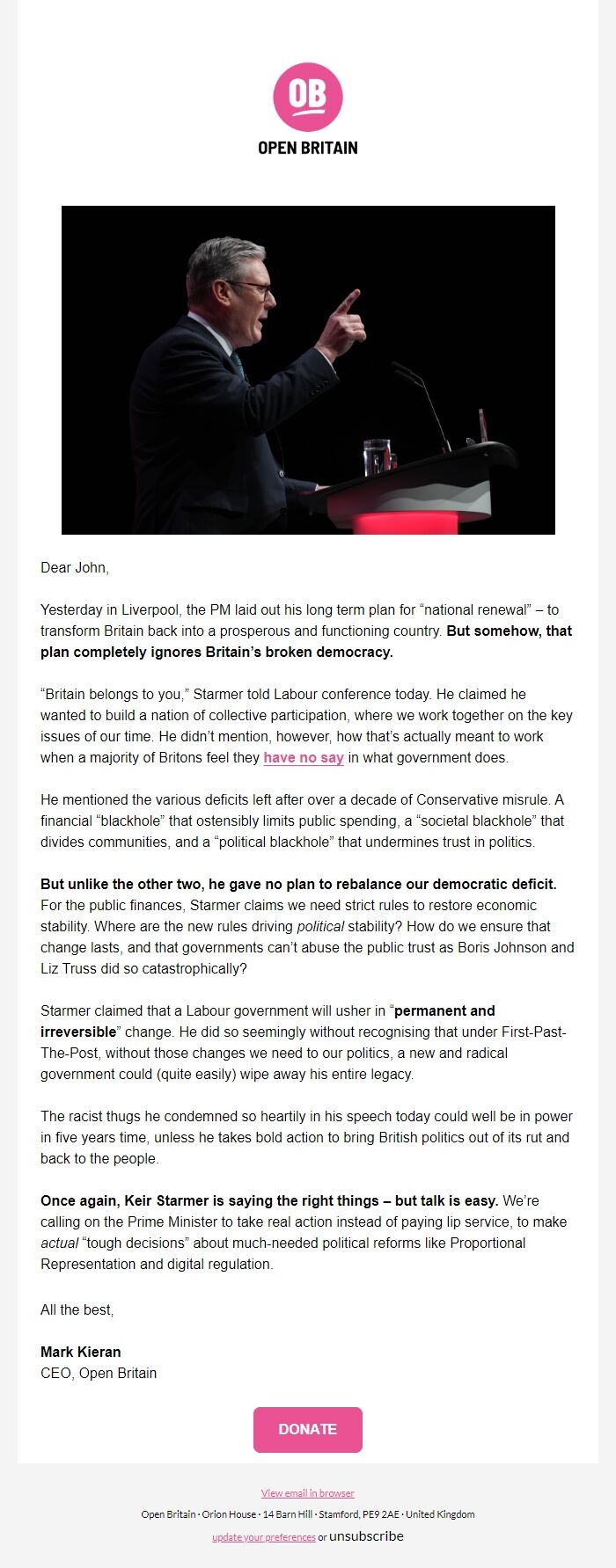Screenshot of the email generated on import