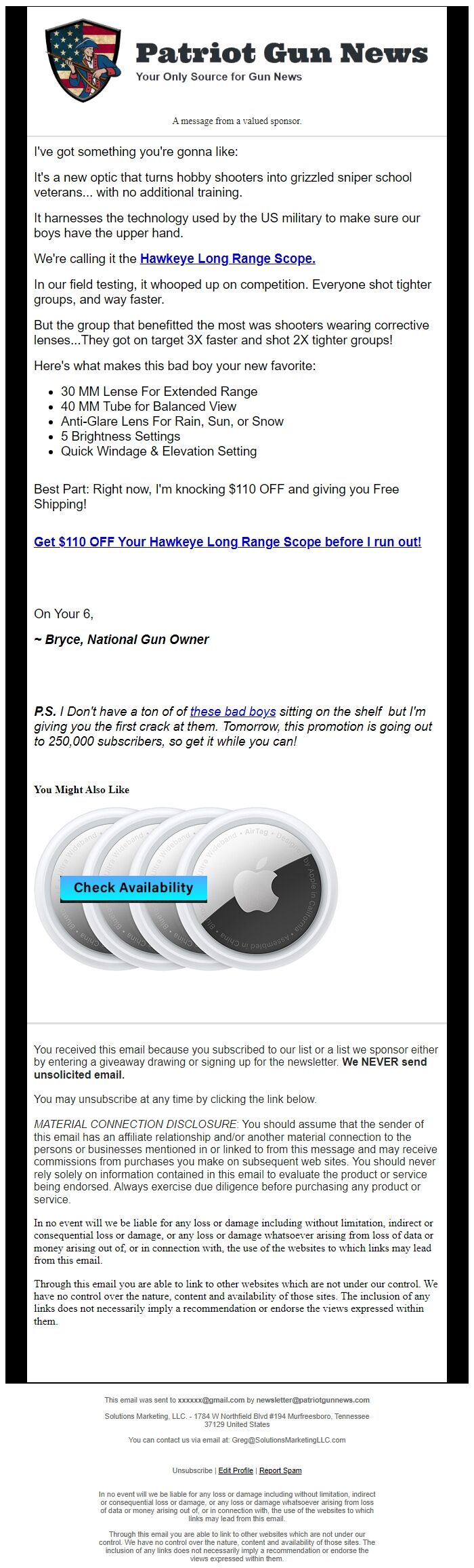 Screenshot of the email generated on import