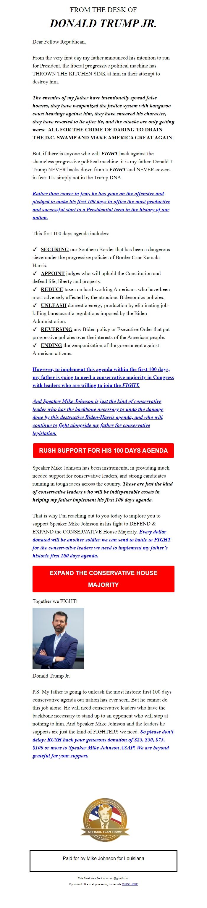 Screenshot of the email generated on import