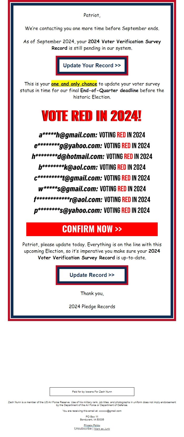 Screenshot of the email generated on import