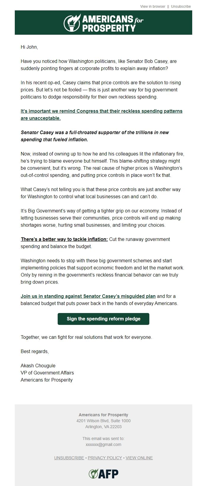 Screenshot of the email generated on import