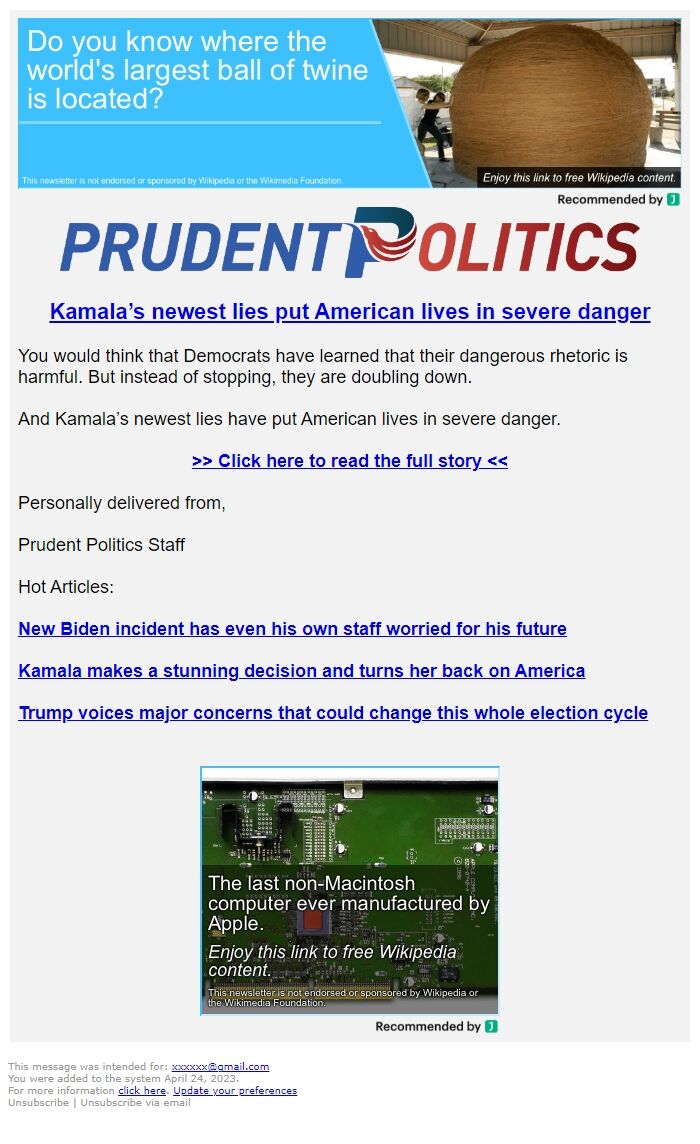 Screenshot of the email generated on import