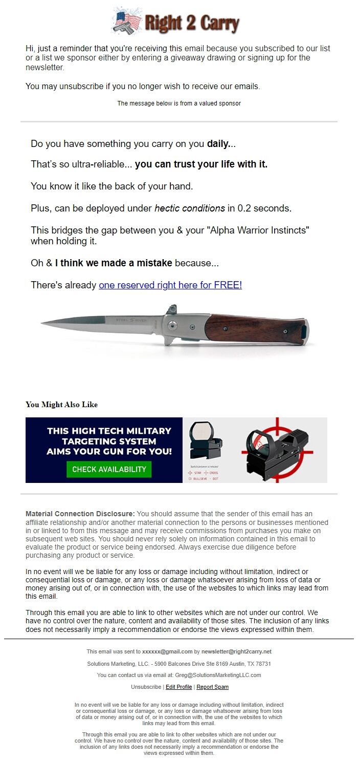 Screenshot of the email generated on import