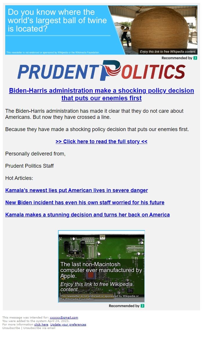 Screenshot of the email generated on import