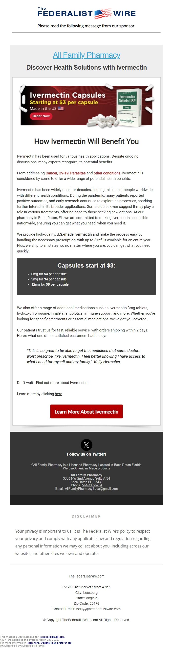 Screenshot of the email generated on import