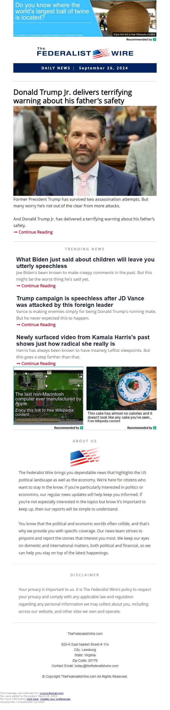Screenshot of the email generated on import