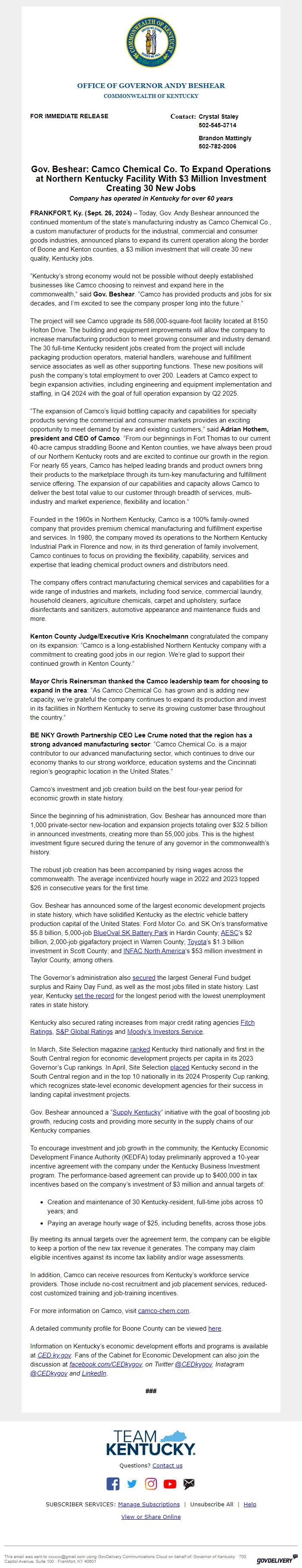Screenshot of the email generated on import
