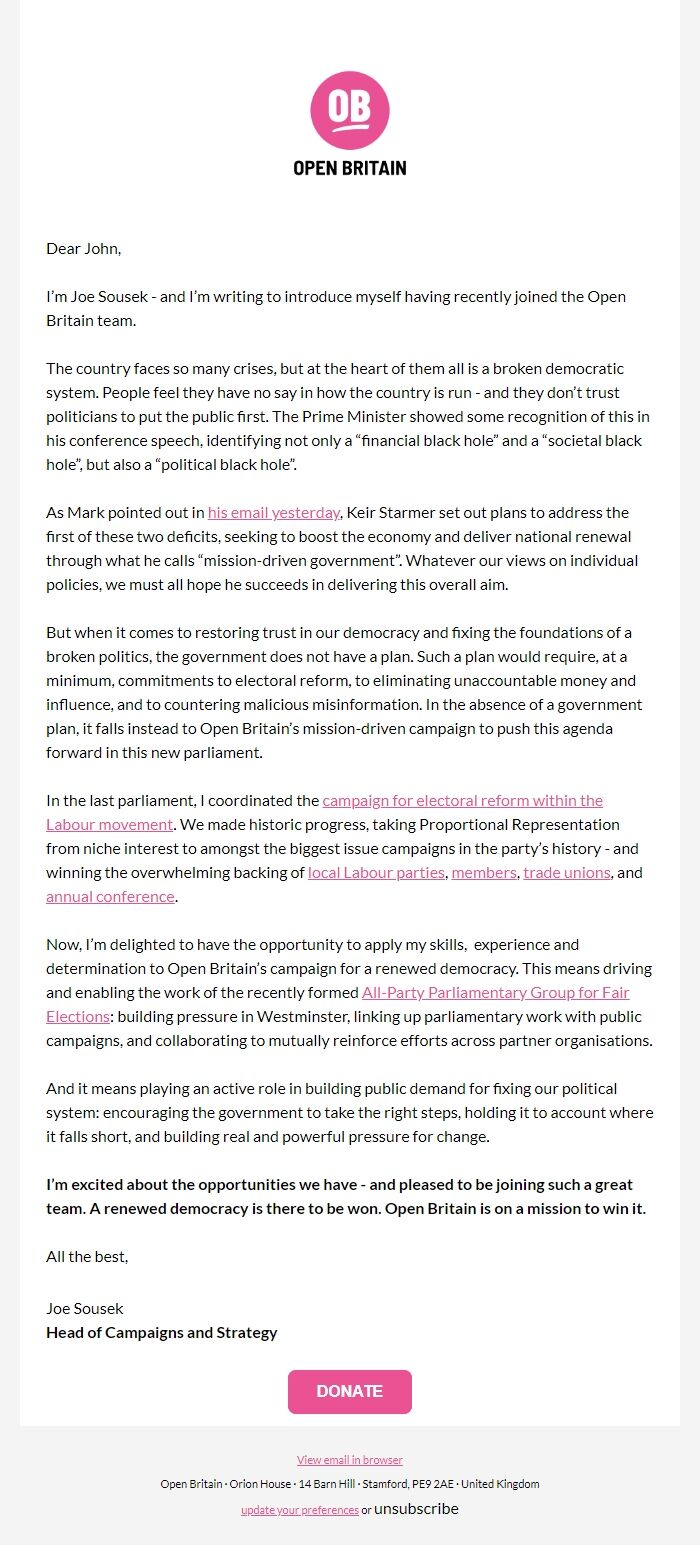 Screenshot of the email generated on import