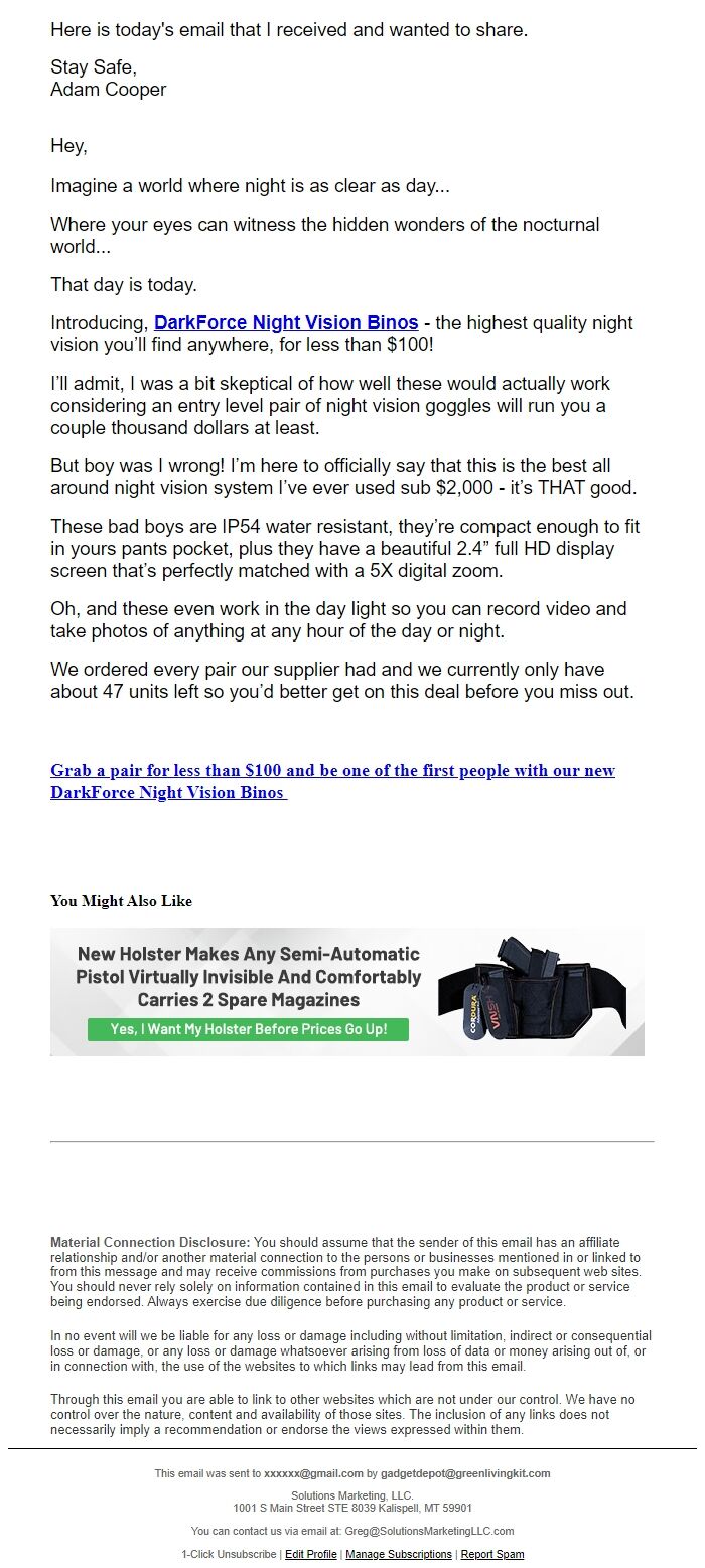 Screenshot of the email generated on import