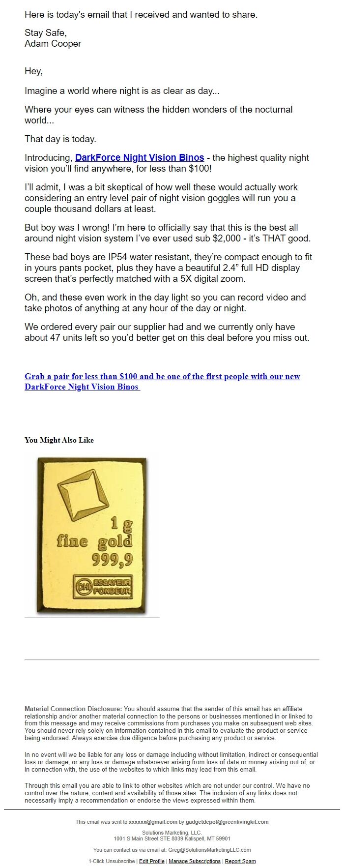 Screenshot of the email generated on import