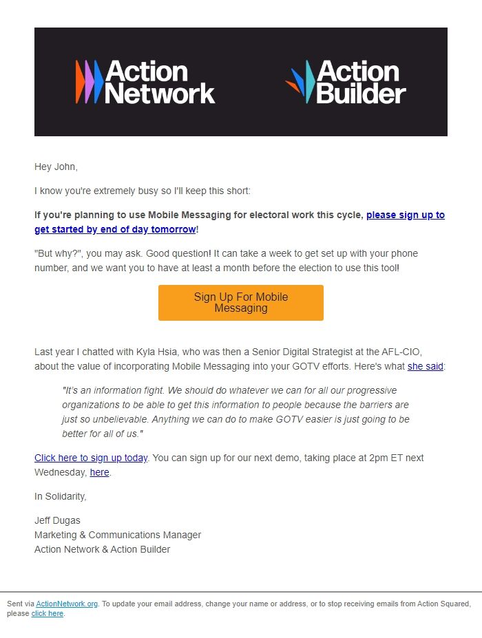 Screenshot of the email generated on import