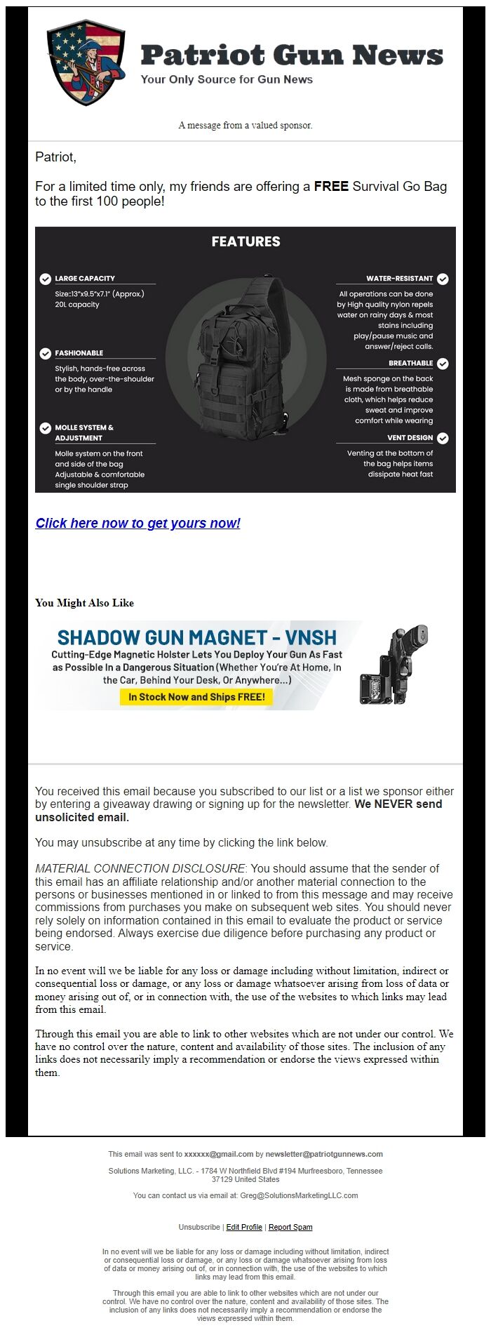 Screenshot of the email generated on import