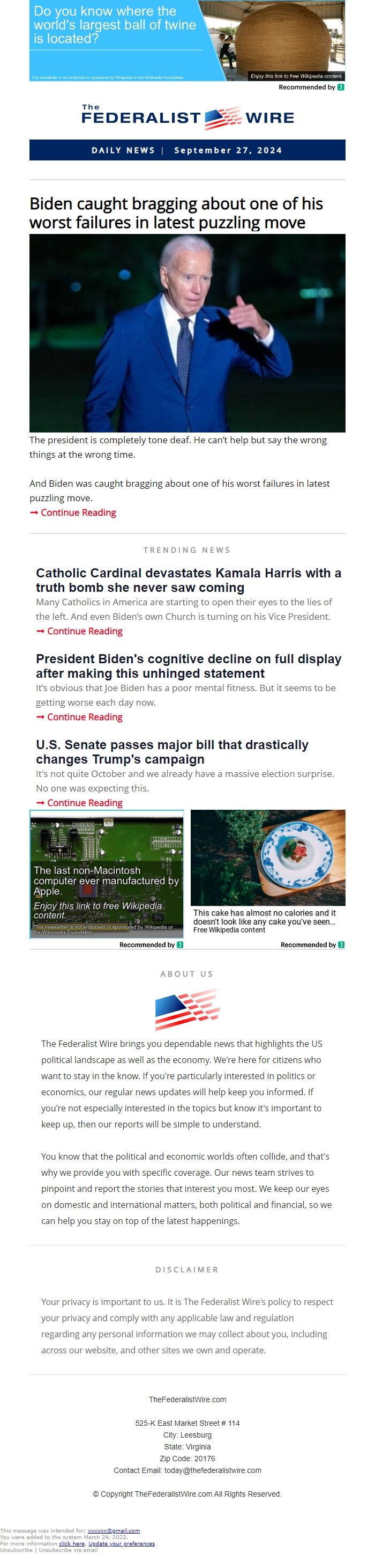 Screenshot of the email generated on import