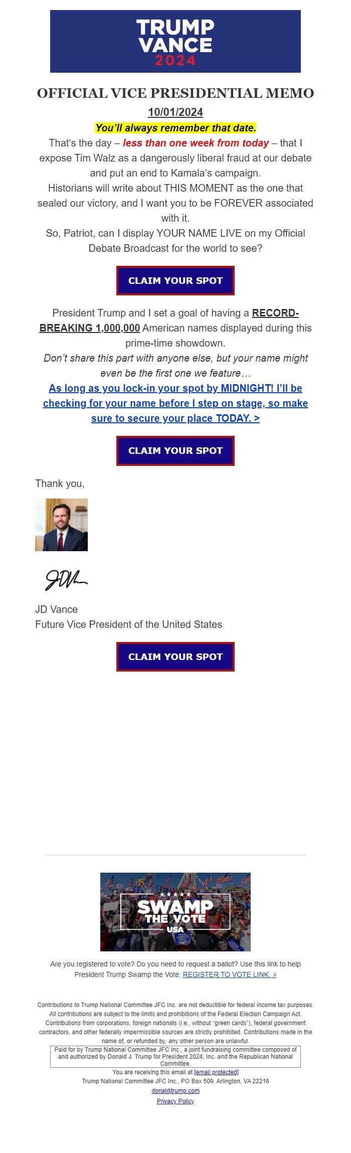 Screenshot of the email generated on import