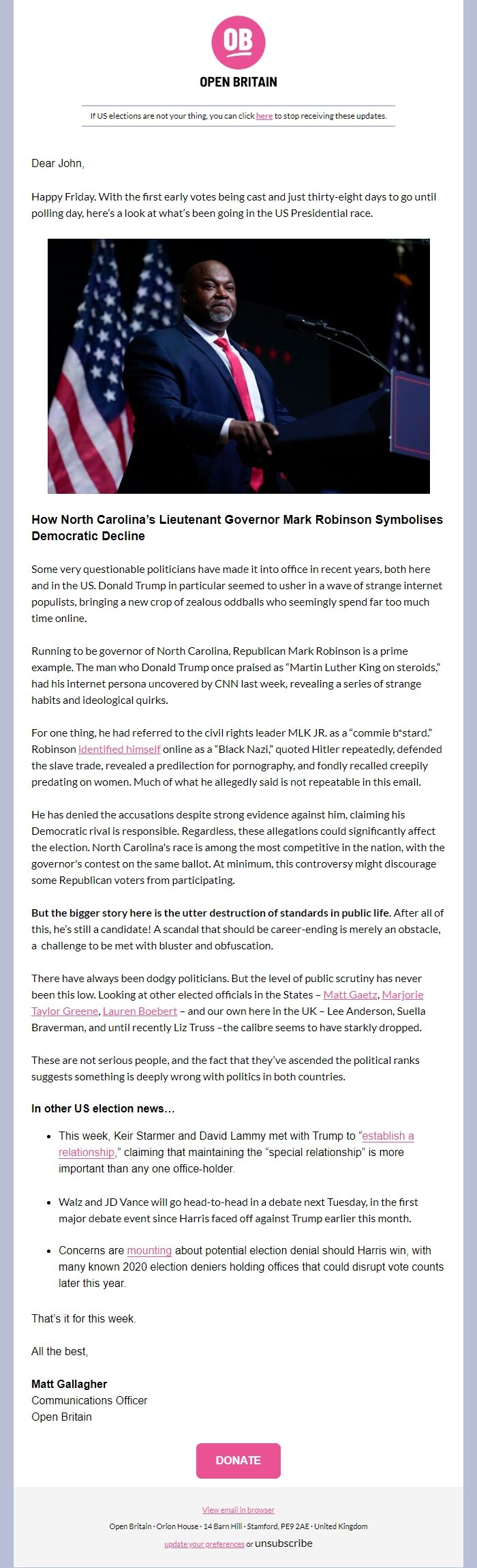 Screenshot of the email generated on import