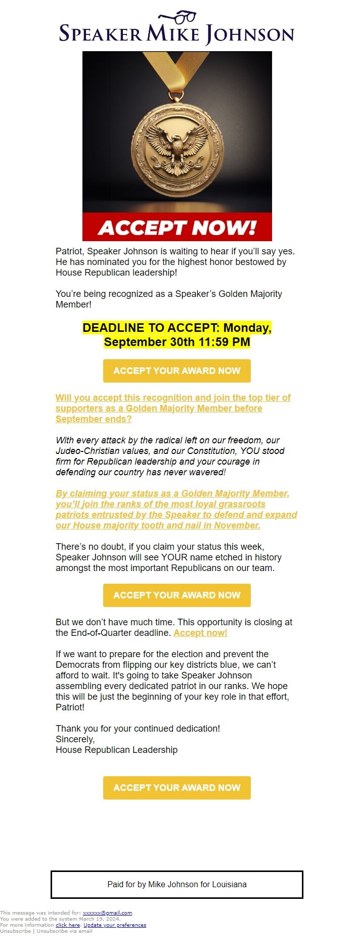 Screenshot of the email generated on import