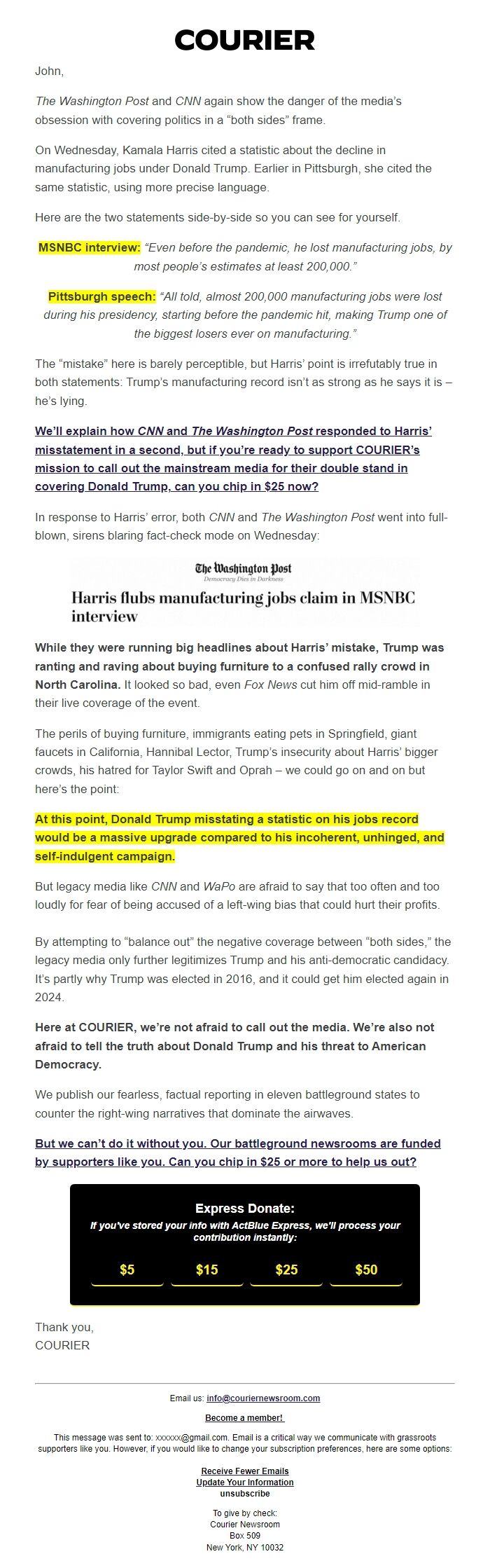 Screenshot of the email generated on import