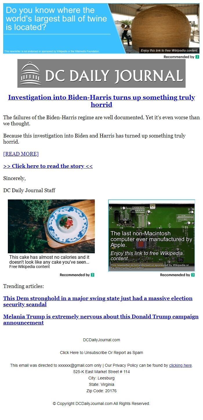 Screenshot of the email generated on import