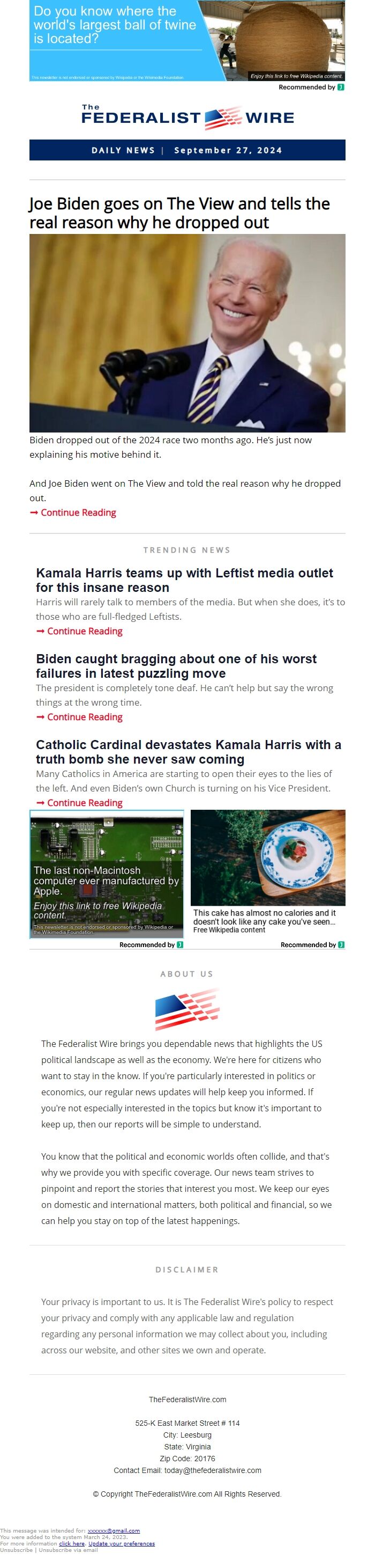 Screenshot of the email generated on import