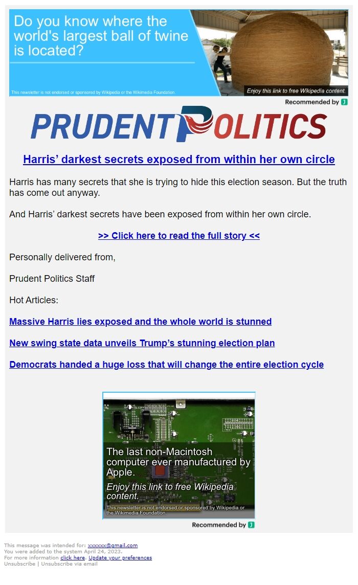 Screenshot of the email generated on import