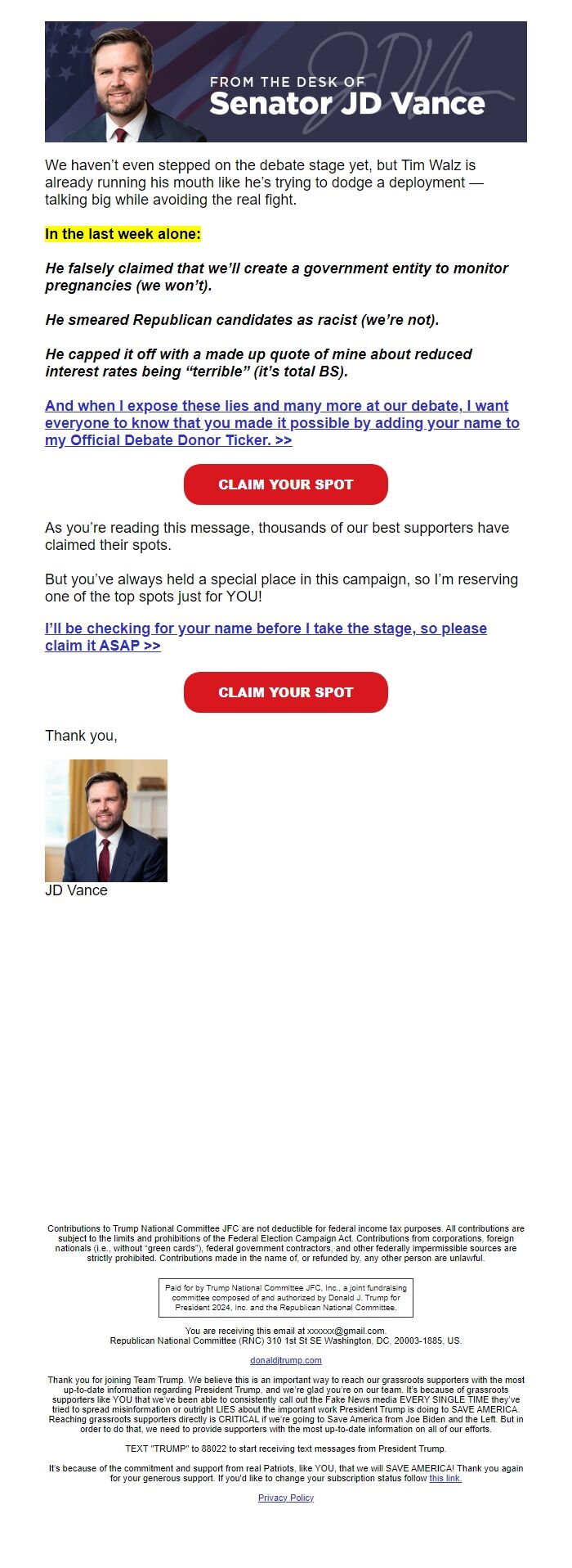 Screenshot of the email generated on import