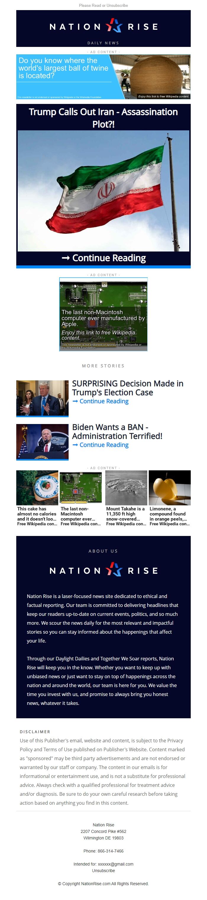 Screenshot of the email generated on import