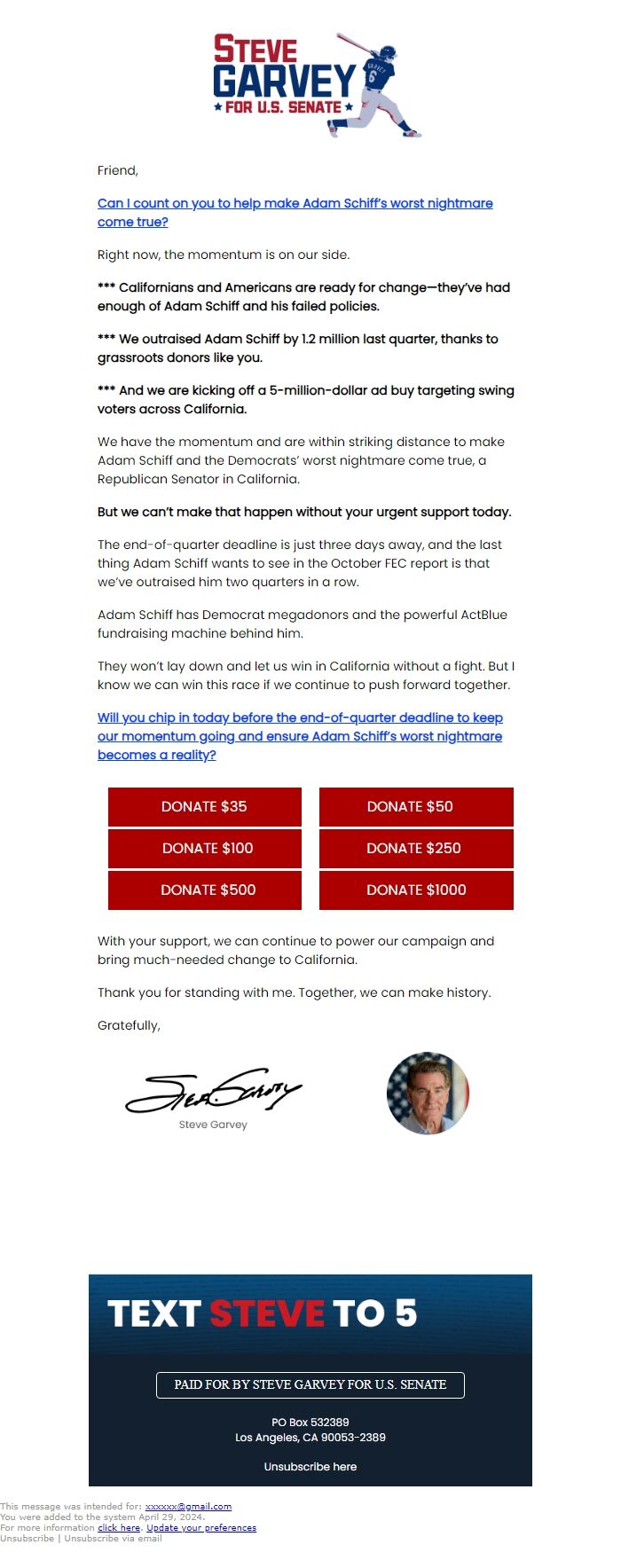 Screenshot of the email generated on import