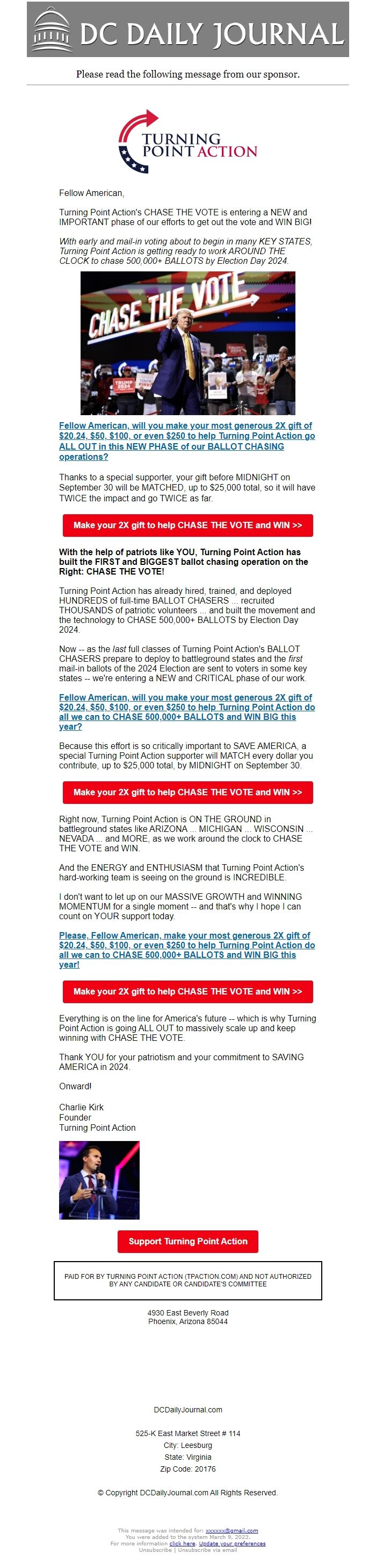 Screenshot of the email generated on import