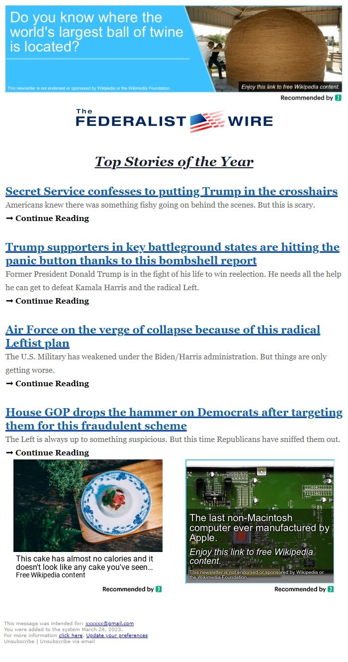 Screenshot of the email generated on import