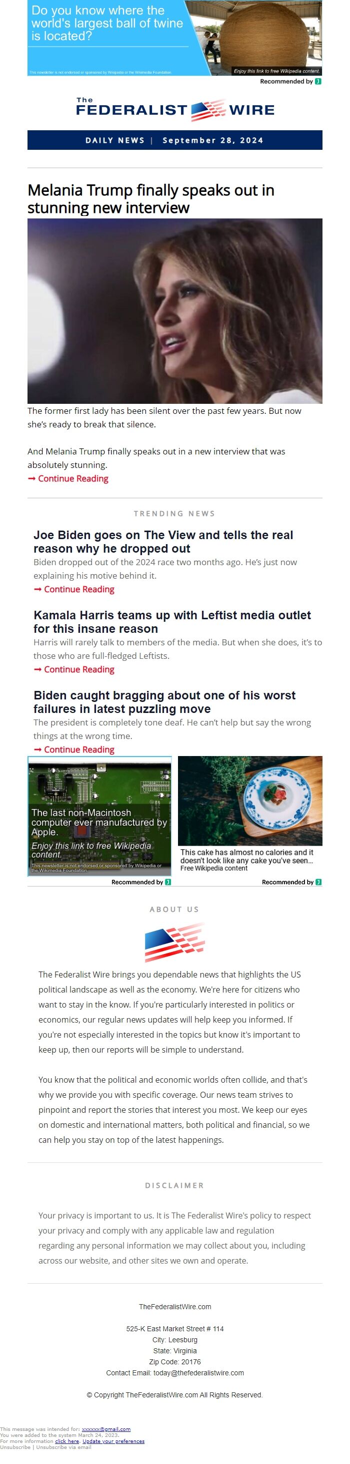 Screenshot of the email generated on import