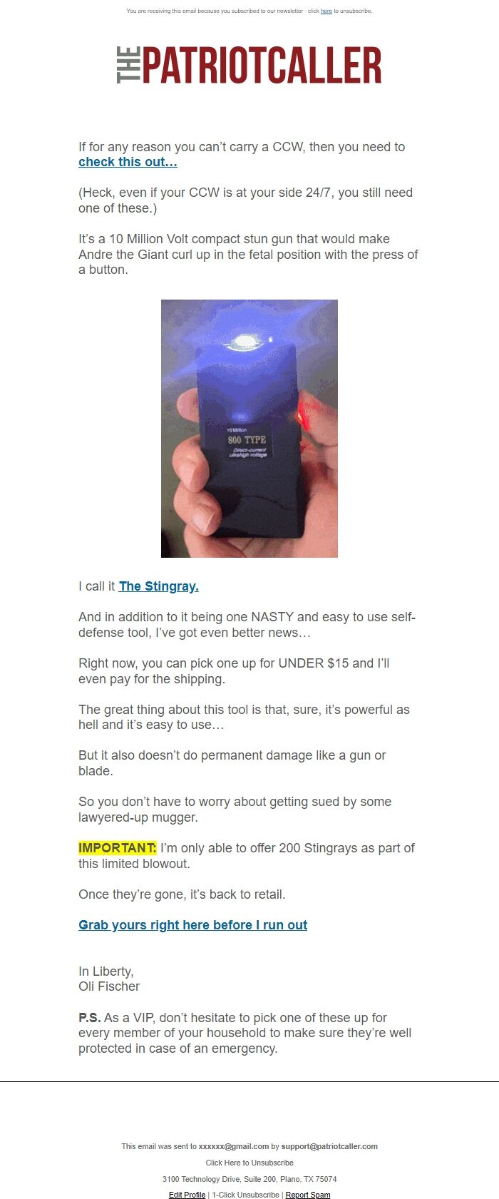 Screenshot of the email generated on import