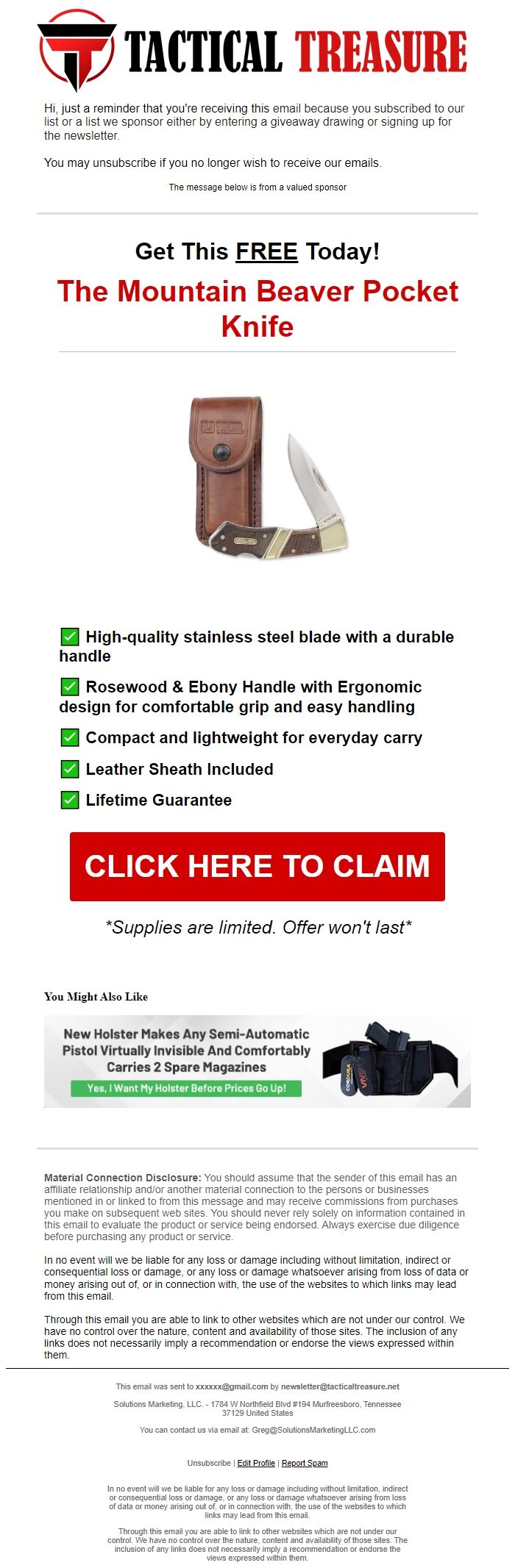 Screenshot of the email generated on import